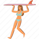 surfing, surfboard, carry, run, girl