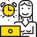 alarm, clock, computer, time, woman, worker, yellow