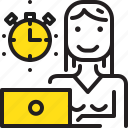 computer, stopwatch, time, woman, worker, yellow