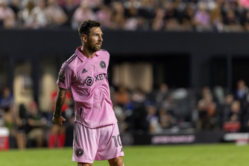 Inter Miami forward Lionel Messi (10) holds his hands behind his back after an errant pass during the Round of 32 Leagues Cup match between Inter M...