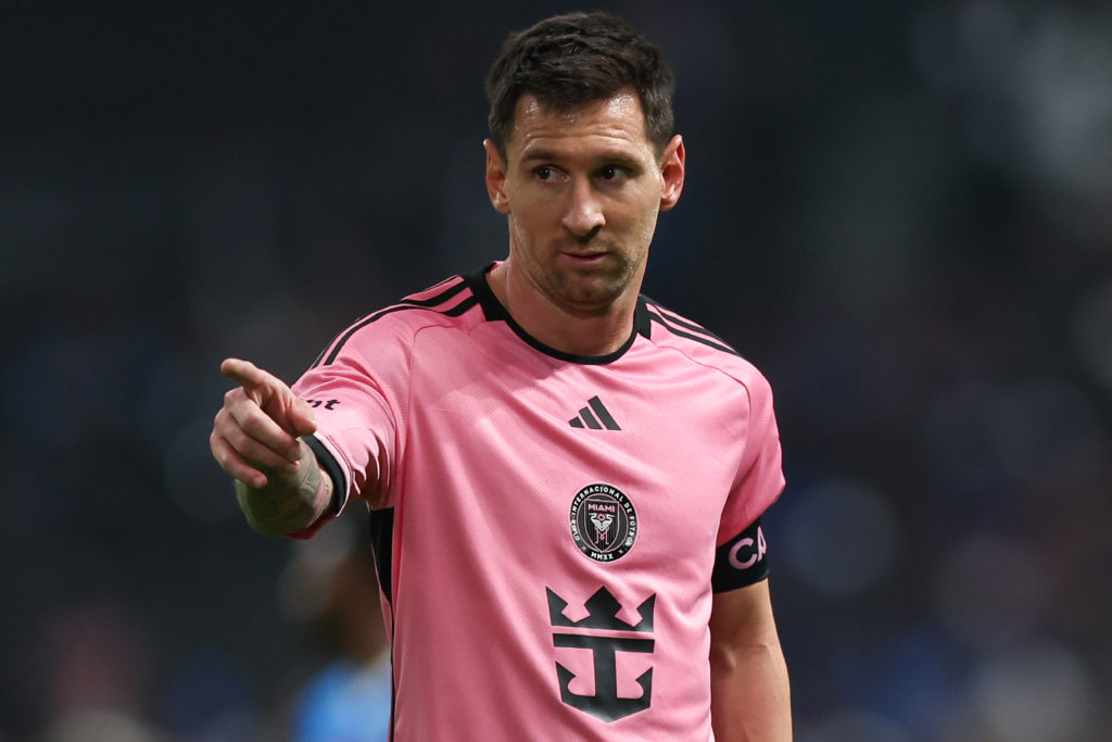 Lionel Messi of Inter Miami reacts during the Riyadh Season Cup match between Al Hilal and Inter Miami at Kingdom Arena on January 29, 2024 in Riya...