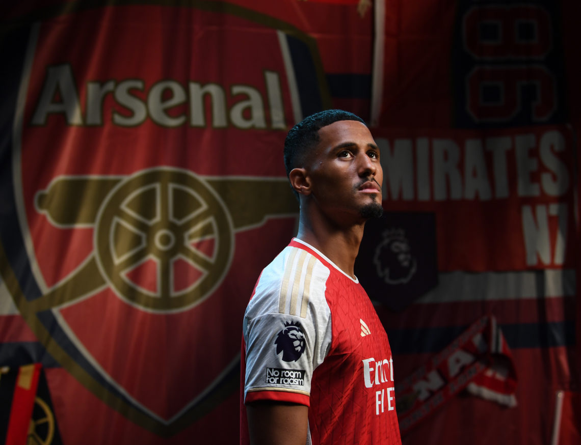 William Saliba of Arsenal poses during the Arsenal Men's team photocall at London Colney on August 08, 2023 in St Albans, England.