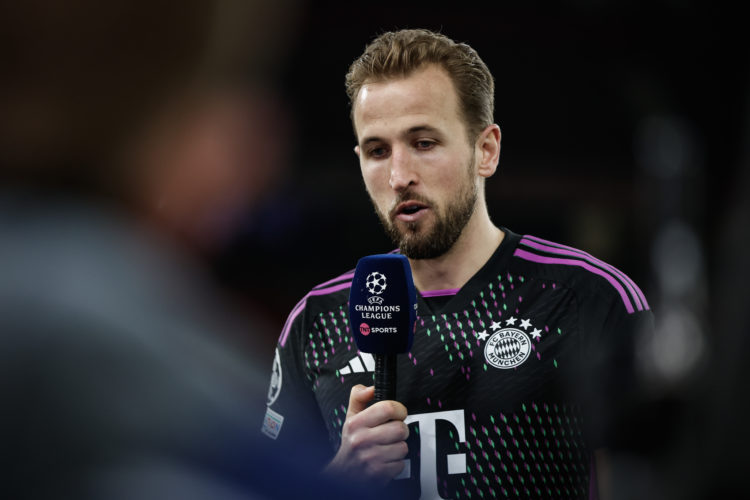 Harry Kane of Bayern Munich speaks to TNT Sports after the UEFA Champions League match between Manchester United and FC Bayern Munchen at Old Traff...