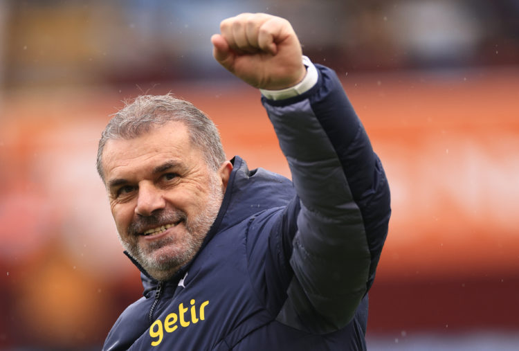 Tottenham Hotspur Head Coach Ange Postecoglou celebrates after the Premier League match between Aston Villa and Tottenham Hotspur at Villa Park on ...