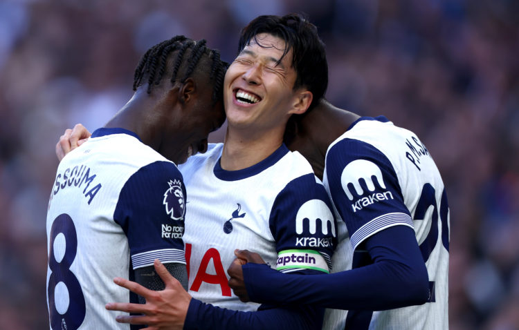 Heung-Min Son of Tottenham Hotspur celebrates scoring their teams fourth goal during the Premier League match between Tottenham Hotspur FC and West...