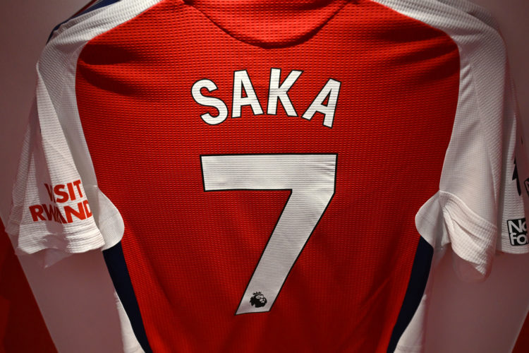 The shirt of Bukayo Saka is displayed inside the Arsenal dressing room prior to the Premier League match between Arsenal FC and Everton FC at Emira...