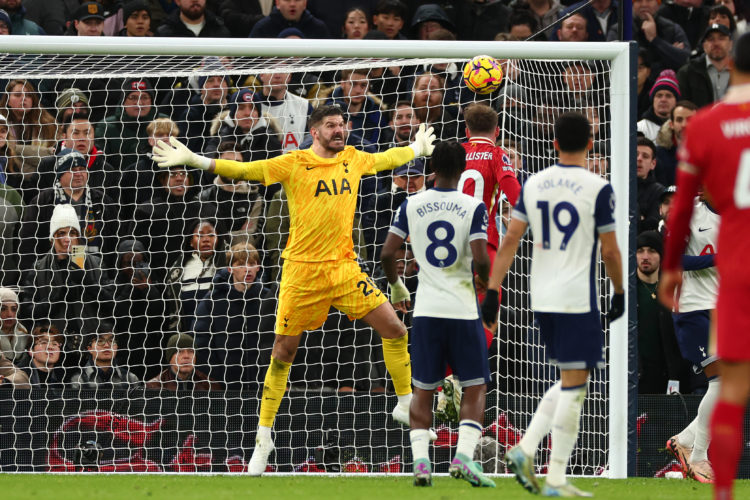 Alexis Mac Allister of Liverpool scores past Fraser Forster of Tottenham Hotspur for 0-2 during the Premier League match between Tottenham Hotspur ...