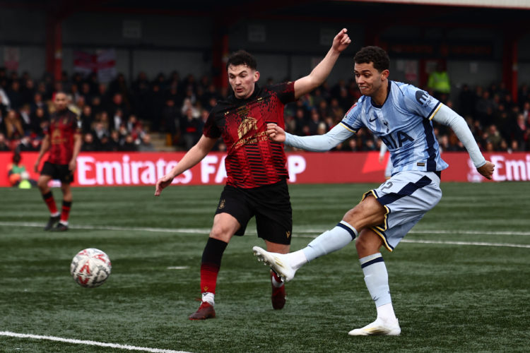 Tottenham Hotspur's Welsh striker #22 Brennan Johnson shoots but fails to score during the English FA Cup third round football match between Tamwor...