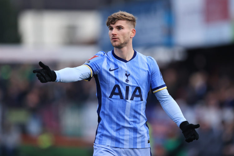 Timo Werner of Tottenham Hotspur gestures during the Emirates FA Cup Third Round match between Tamworth and Tottenham Hotspur  at The Lamb Ground o...