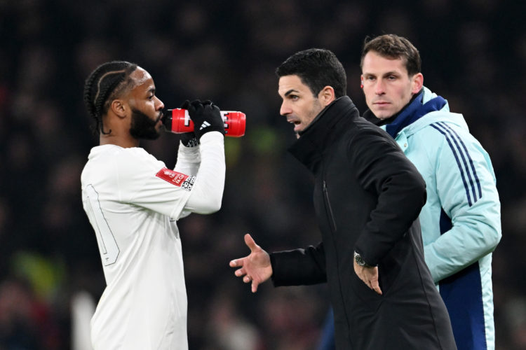 Mikel Arteta, Manager of Arsenal, interacts with Raheem Sterling of Arsenal during the Emirates FA Cup Third Round match between Arsenal and Manche...