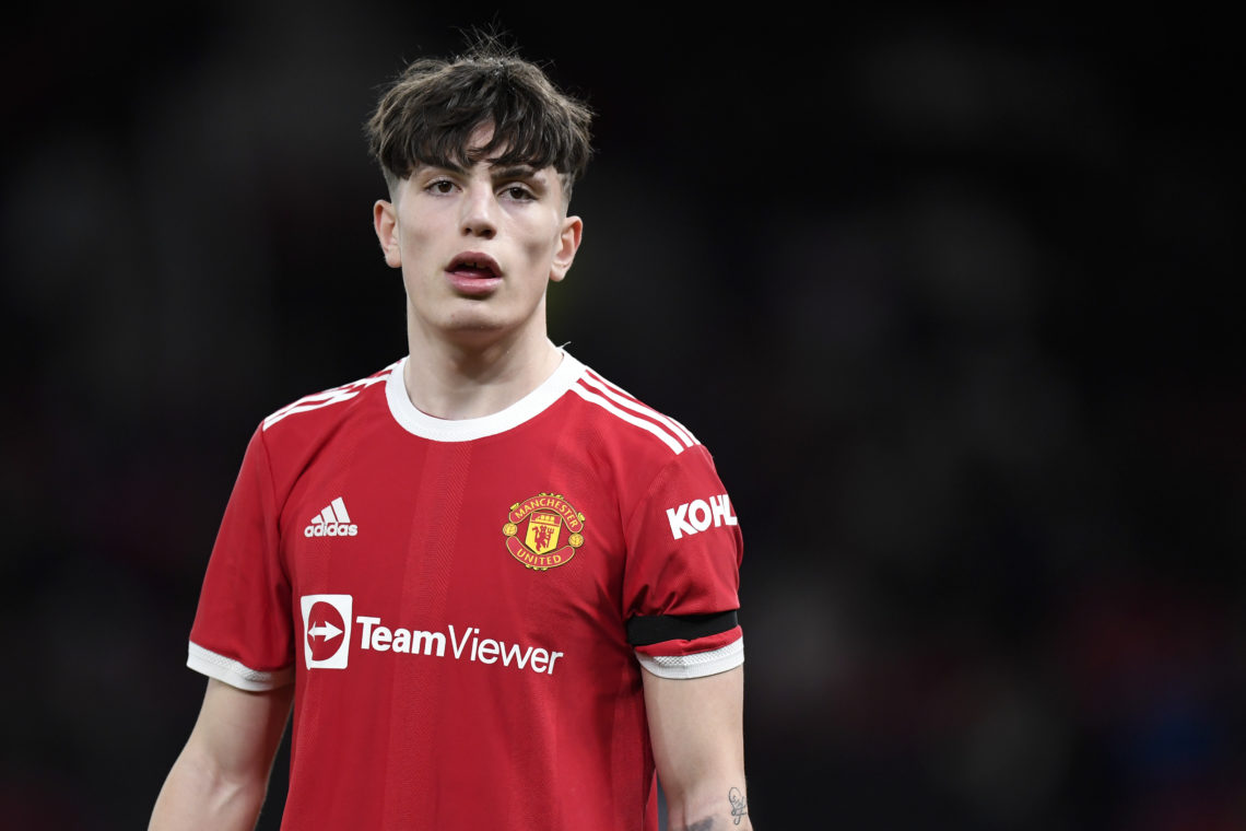 Alejandro Garnacho of Manchester United U18s in action during the FA Youth Cup semi-final match between Manchester United U18s and Wolverhampton Wa...