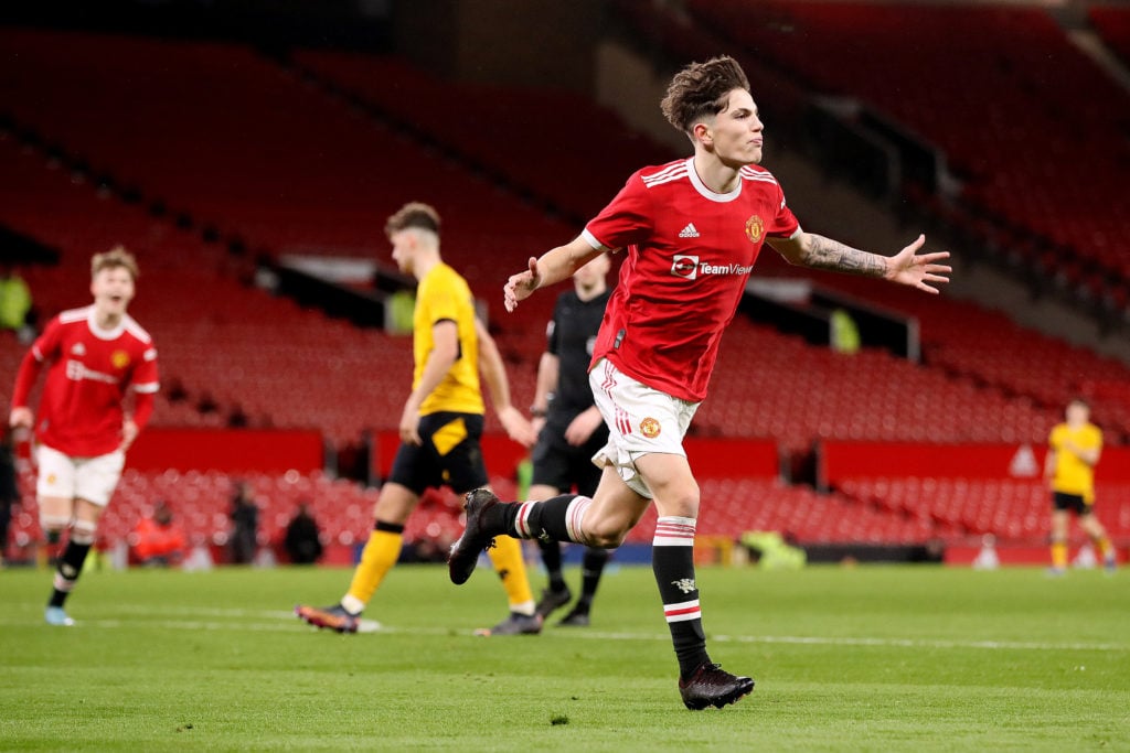 Alejandro Garnacho of Manchester United celebrates after scoring their sides second goal during the FA Youth Cup Semi Final match between Mancheste...