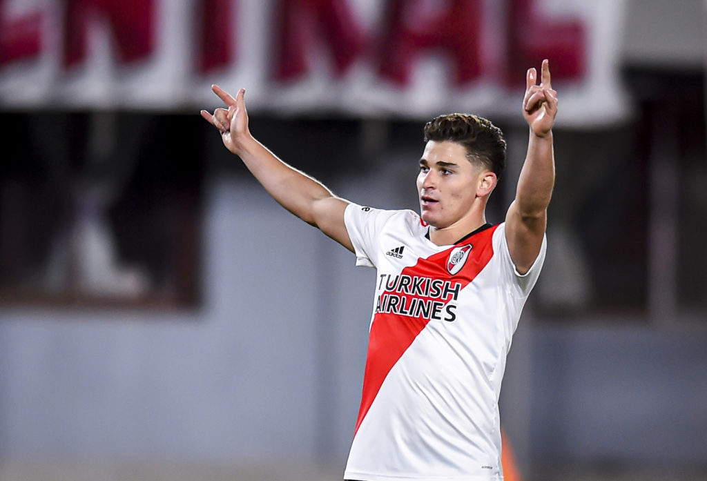 Julian Alvarez of River Plate celebrates after scoring the third goal of his team during the Copa CONMEBOL Libertadores 2022 match between River Pl...