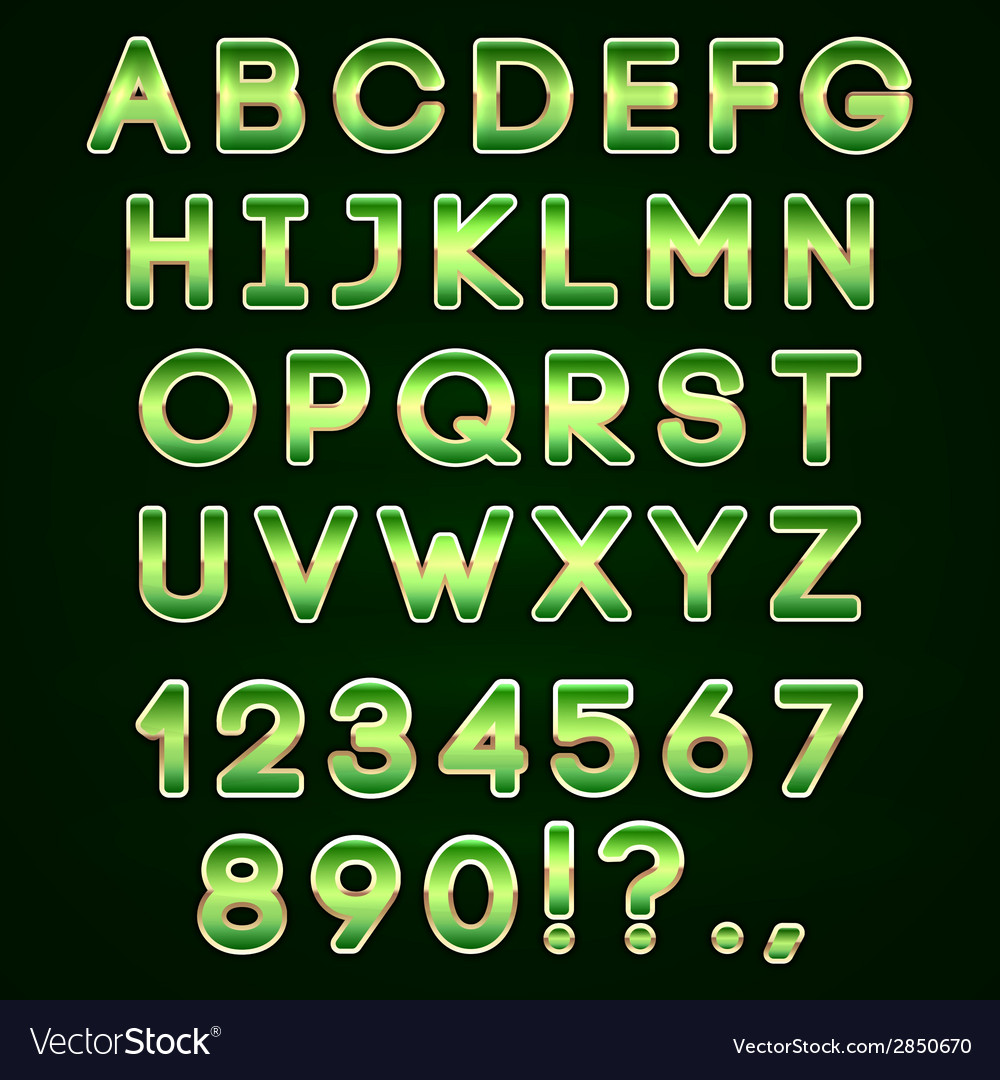 Golden and green neon alphabet on dark background Vector Image