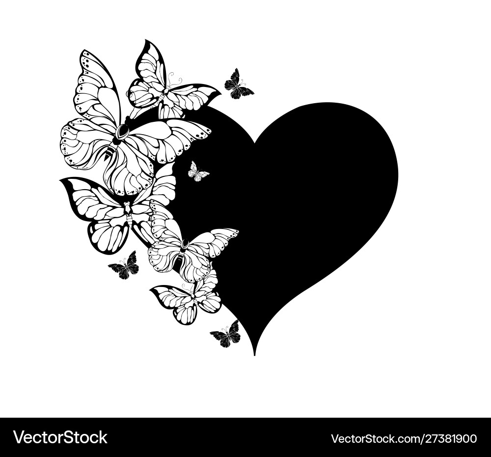 Black heart with contour butterflies Royalty Free Vector