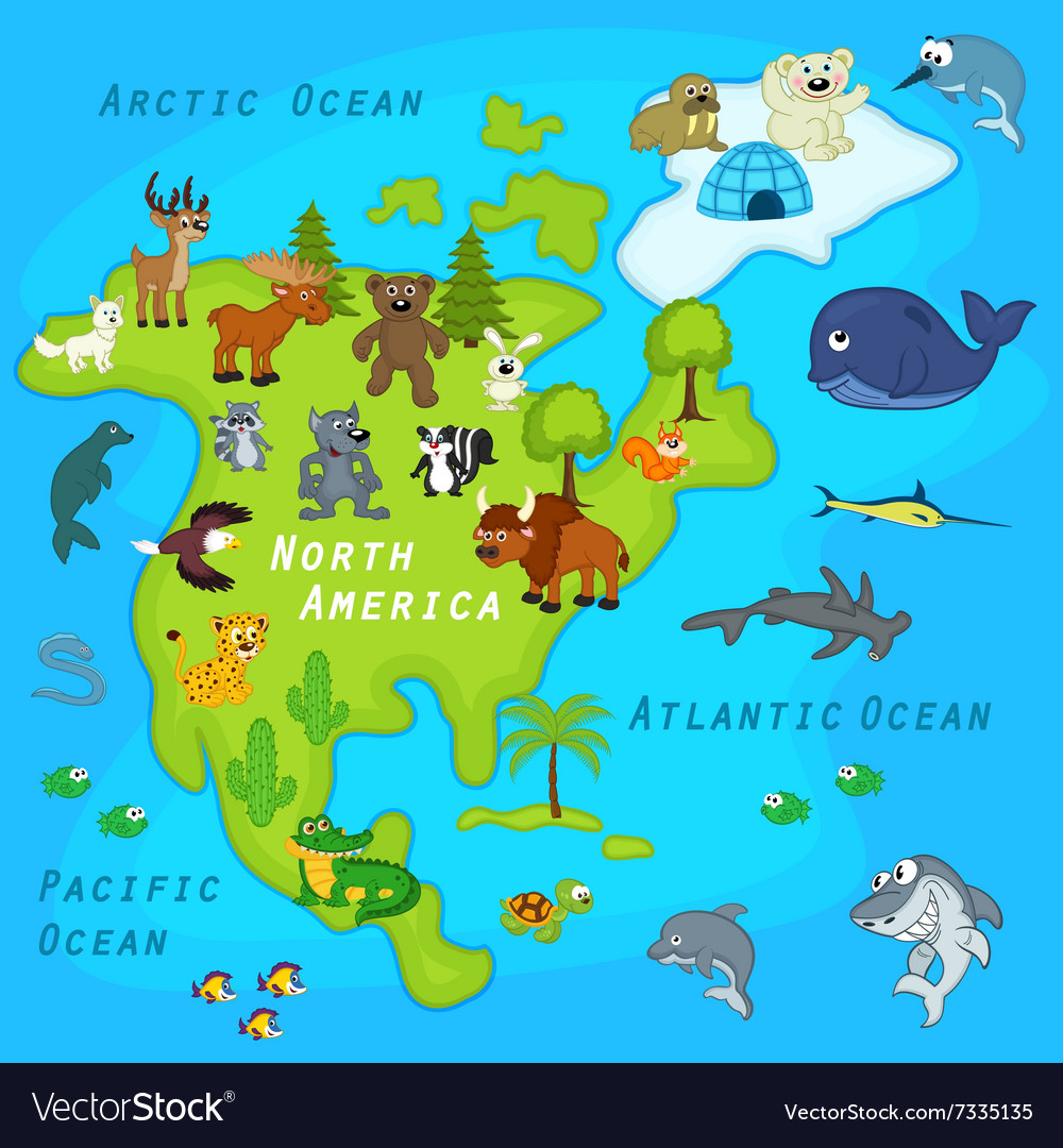 Map of north america with animals Royalty Free Vector Image