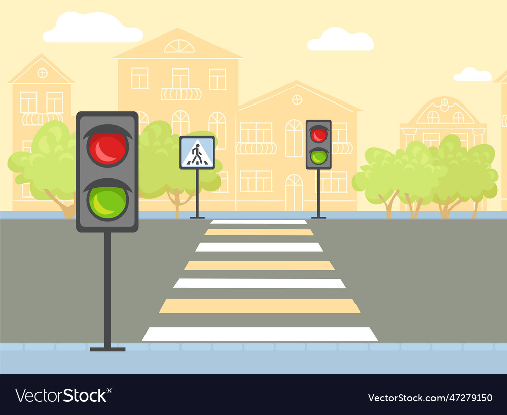 Crosswalk with road sign and traffic lights empty Vector Image