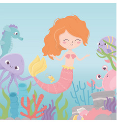 Cartoon mermaid background with fish rocks coral Vector Image