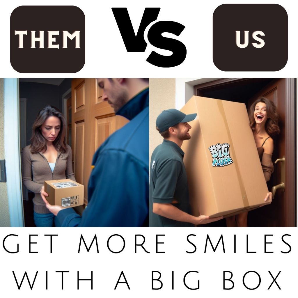 A comparison photo showing a delivery person delivering a tiny box to an unhappy woman on the left side, as opposed to another delivery person delivering a huge box to a happy woman on the right side