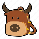 animal, backpack, buffalo, bull, character, kindergarten, school bag