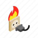 burn, electric, energy, fire, isometric, power, socket