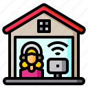 woman, house, home, online, computer