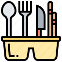 basket, cutlery, fork, knife, spoon