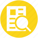 analysis, file, magnifier, page, search, search page