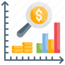 analytics, chart, data, forecast, graph, magnifier, stats