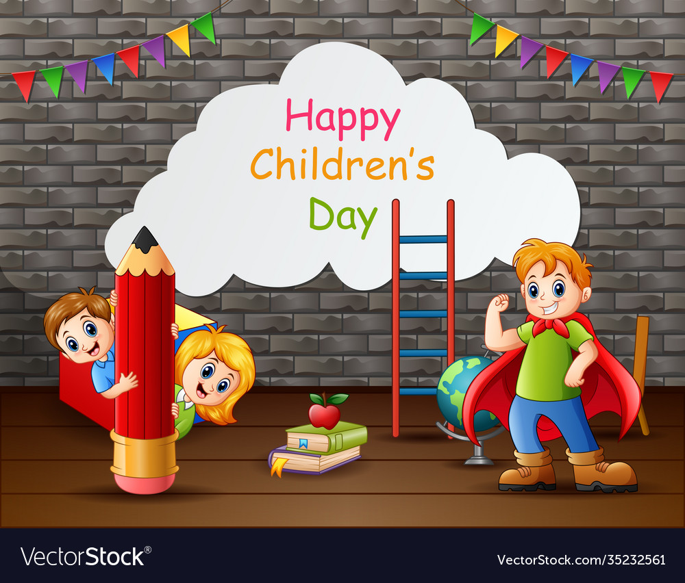 Happy children day text with kids Royalty Free Vector Image