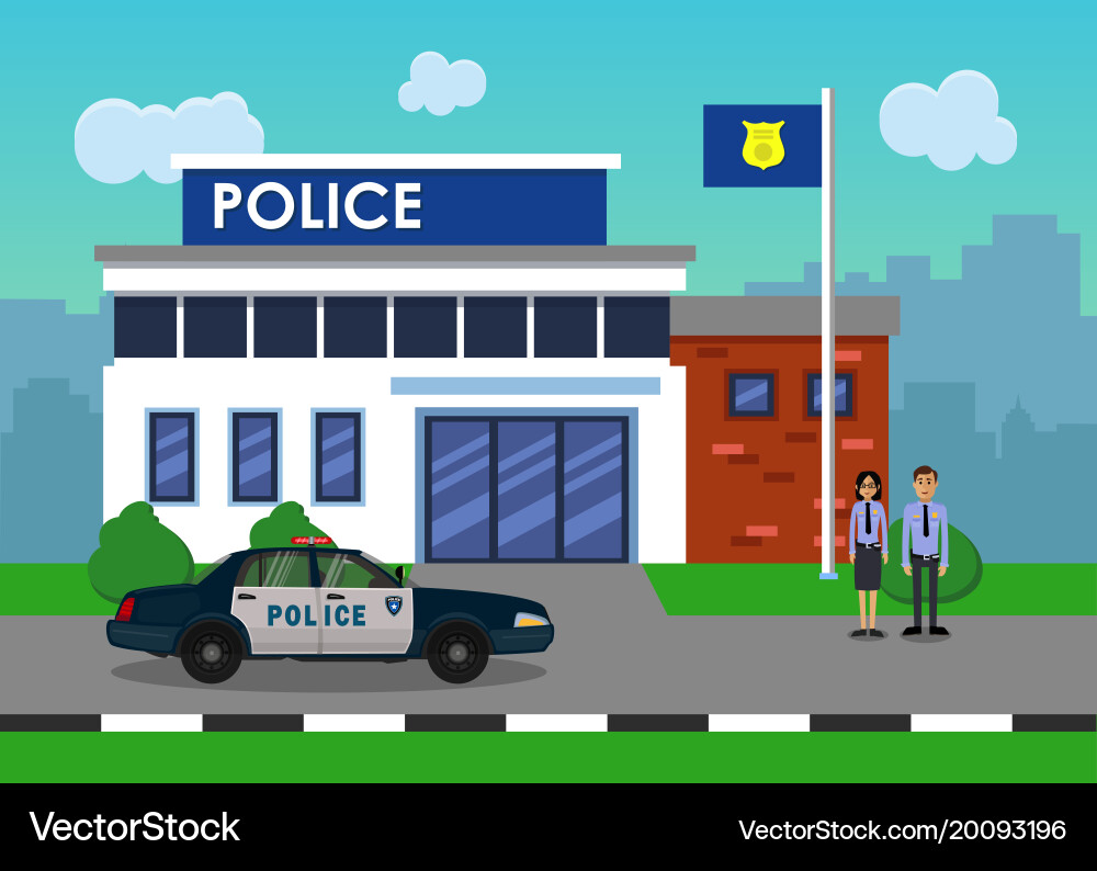 Policemen on the background of the police station Vector Image