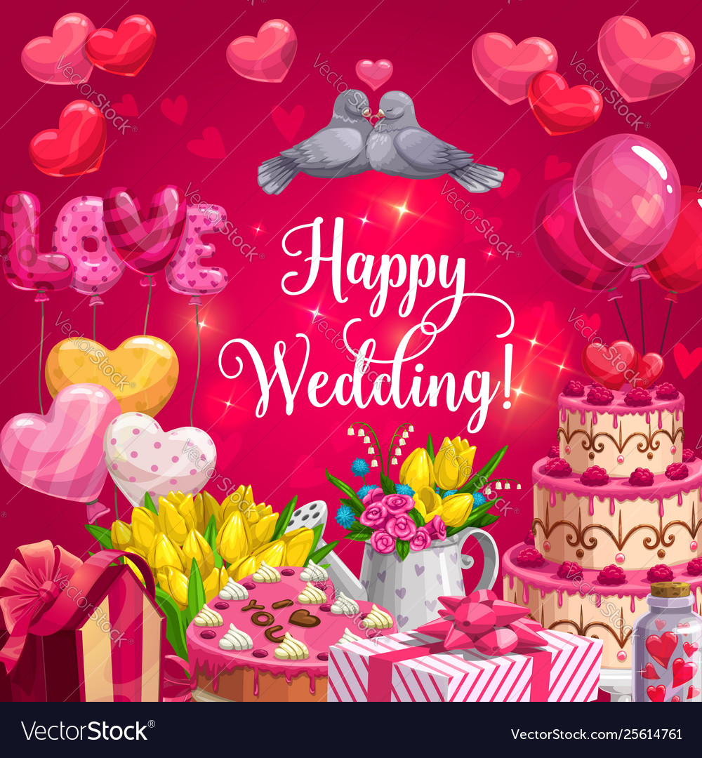 Happy wedding heart cake balloons and flowers Vector Image