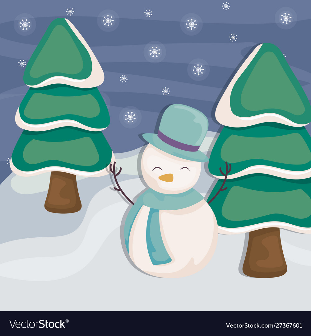 Snowman with christmas tree on winter landscape Vector Image