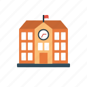 apartment, building, clock, college, school