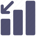 analytics, arrow, decreasing, graph, pie chart