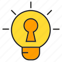 creative, idea, key, light bulb, lock, secret, smart