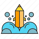 bubble, design, launch, pencil, rocket, spaceship, startup