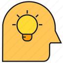 bulb, creative, head, idea, light, smart, thinking