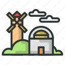 barn, farm, warehouse, windmill