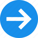 arrow, blue, circle, east, forward, next, right