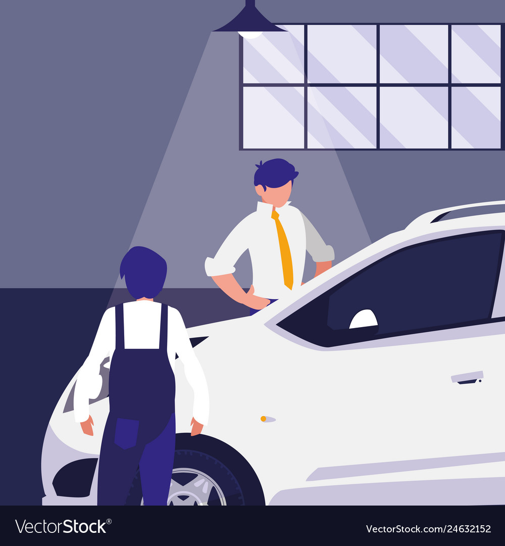 Mechanic worker with car and client Royalty Free Vector