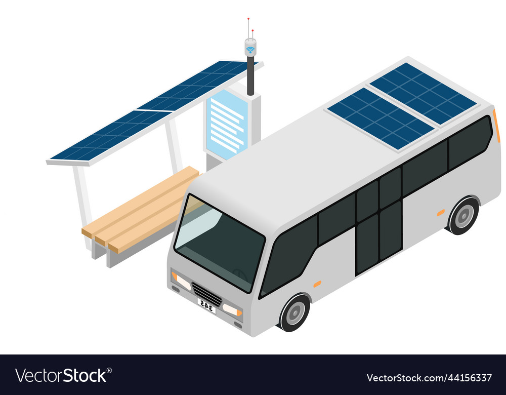 Public transport stop and bus with solar panels Vector Image