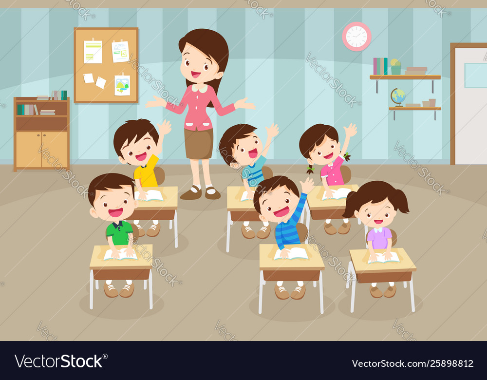 Pupils raising hand and teacher taking class back Vector Image