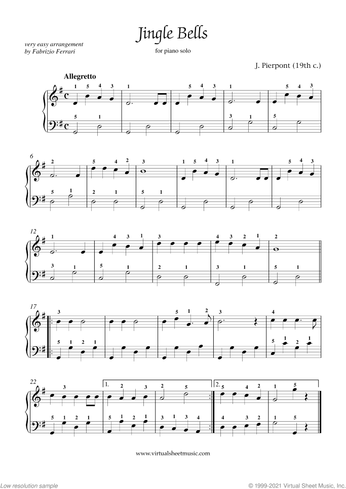 Jingle Bells By Traditional Piano Sheet Music Advanced Level ...