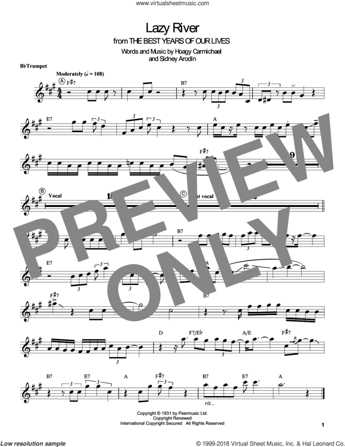 Lazy River sheet music for trumpet solo (transcription) by Louis Armstrong, Hoagy Carmichael and Sidney Arodin, intermediate trumpet (transcription)