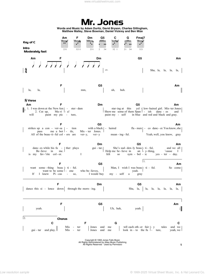 Mr. Jones sheet music for guitar solo by Counting Crows, Adam Duritz, Ben Mize, Charles Gillingham, Dan Vickrey, David Bryson, Matthew Malley and Steve Bowman, beginner skill level