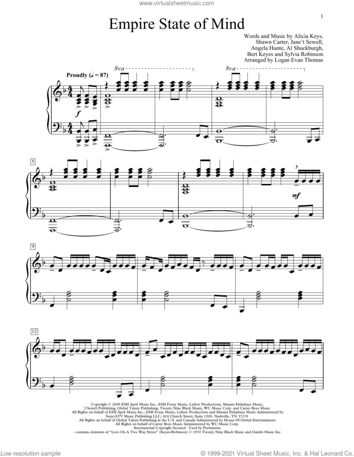 Empire State Of Mind (feat. Alicia Keys) (arr. Logan Evan Thomas) sheet music for piano solo (elementary) by Jay-Z, Logan Evan Thomas, Al Shuckburgh, Alicia Keys, Angela Hunte, Bert Keyes, Shawn Carter and Sylvia Robinson, beginner piano (elementary)