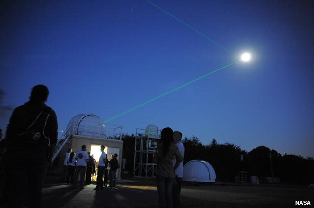 Laser beam sent from the NASA Lunar Ranging Facility to the Lunar Reconnaissance Orbiter.