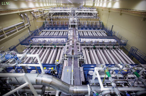 An overhead view of one of the laser bays at the National Ignition Facility