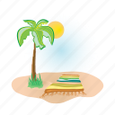 beach, palm, sun, towel, tree, vacation